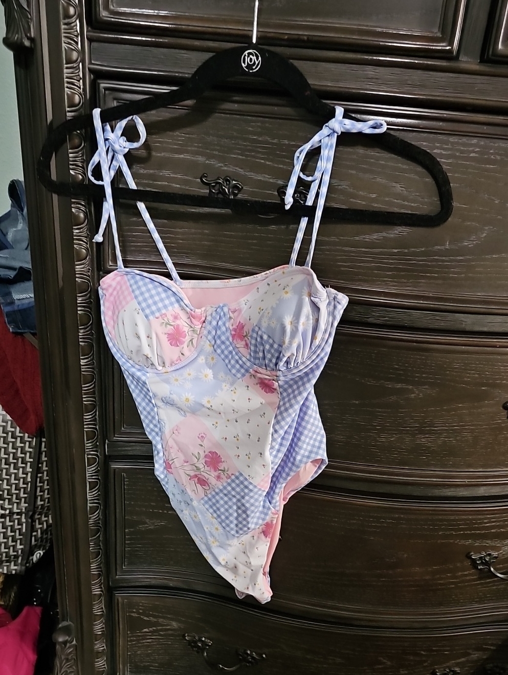 Floral Patchwork One-Piece Swimsuit In Light Purple And Pink